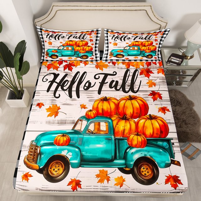 YST Ensemble de Literie Citrouille d'Automne Format Simple Draps de Lit Récolte d'Automne pour Enfants Adultes Ferme Voiture Rustique Drap-Housse à Carreaux Feuilles d'Érable Draps Campagnards
