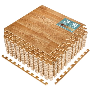 Sorbus Tuiles de Plancher à Grain de Bois de 96 Pi2 Tapis en Mousse EVA Tuiles Emboîtables Tuile Revêtement de Sol de 3/8 Po d'Épaisseur Tapis d'Exercice en Casse-Tête de Bois avec Bordures - Maison Salle de Jeux sous-Sol, Appartement, Salon Professionnel, Bébé, Danse