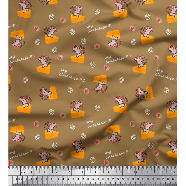 Soimoi Tissu Viscose Georgette Marron, Imprimé Tranches de Fromage et Rats pour Enfants, Largeur 42 Pouces