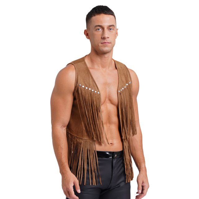 TiaoBug Gilet Sans Manches à Franges pour Hommes, Veste Cardigan Western Cowboy Marron TG