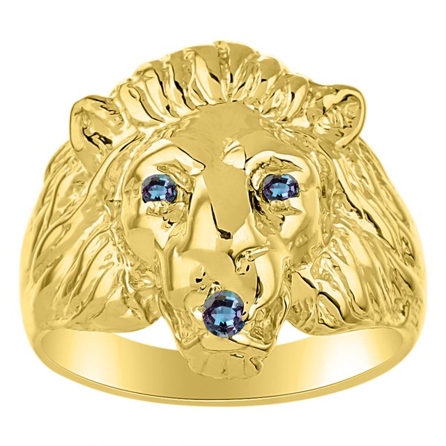 RYLOS Gold Plated Silver Lion Head Ring Color Stone Birthstones Eyes and Mouth Fun Designer Rings Alexandrite Jewelry Size 6