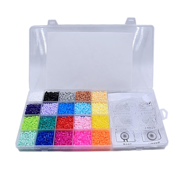 2.6mm Puzzles Toys Handmade Craft Birthday Gift with Box Colorful Pixel Art Bead Beading Girls. The image shows a transparent plastic box containing 20 compartments of colorful 2.6mm fuse beads, including shades of blue, pink, yellow, green, and more. The box also includes templates in hexagonal, square, and circular shapes, along with ironing paper for crafting. Ideal for DIY pixel art and creative projects for kids.