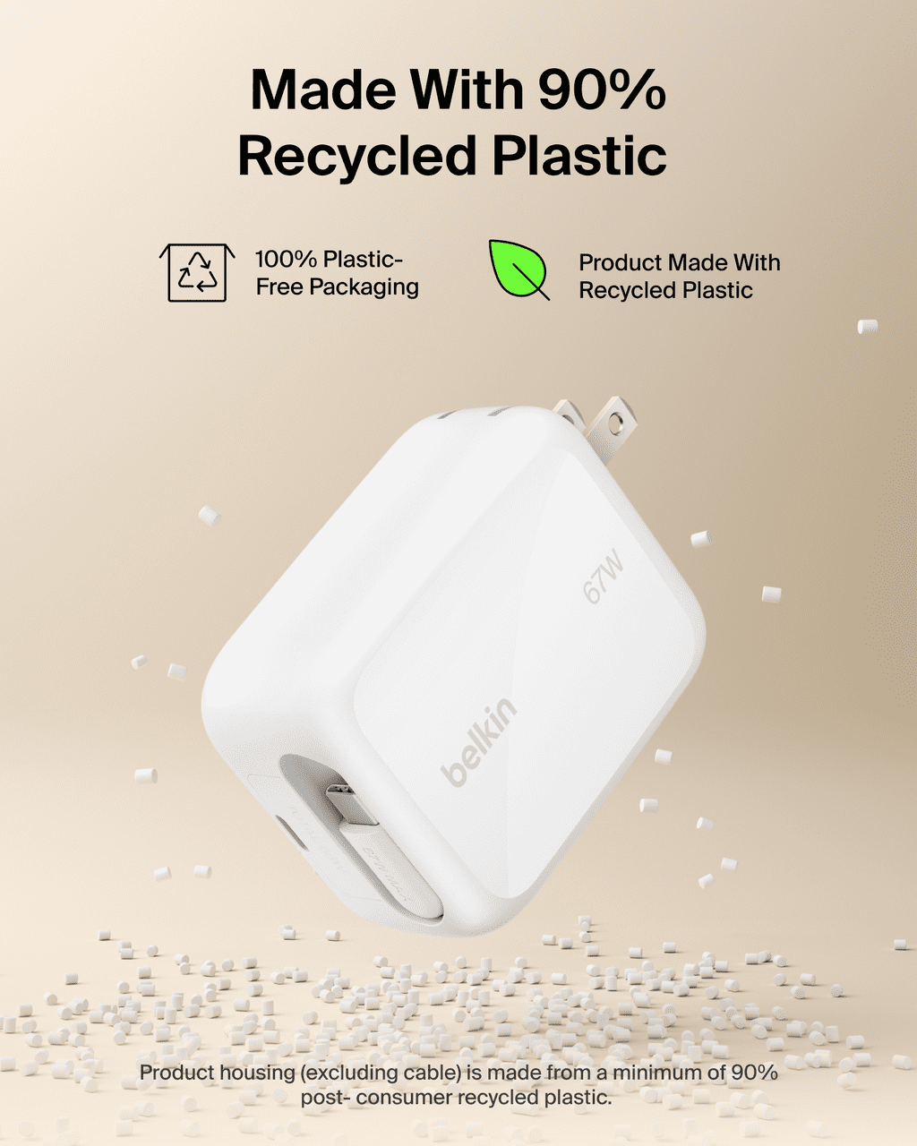 Belkin Chargeur mural 67 W à double ports USB-C avec câble USB-C rétractable (75 cm / 29,5 po), blanc