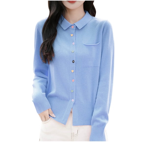 Women's Merino Wool Polo Cardigan Lapel Collar Button Down Long Sleeve with Pocket Spring Office-Ready Knitted Essential Smart Casual