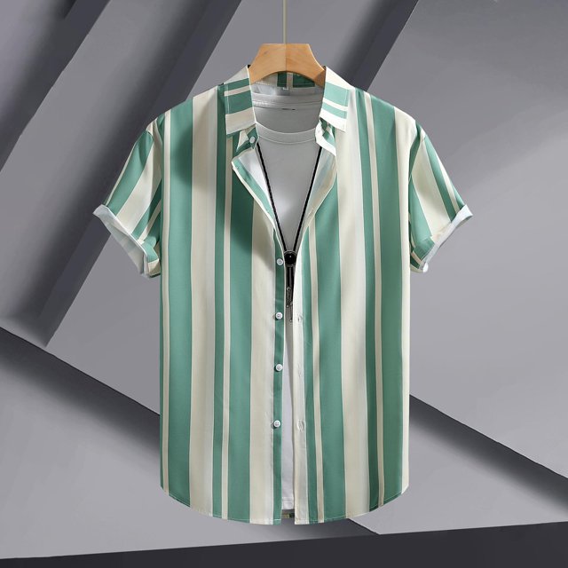 Weiqiqre Tshirts Shirts for Men Color Block Striped Print Short Sleeve Button Up Casual Shirt