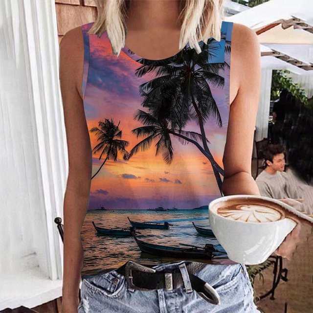 lSLJS Débardeur à Imprimé Floral pour Femmes, Col Rond, Sans Manches, Tunique à Blocs, T-Shirt, Hauts; Débardeurs pour Femmes