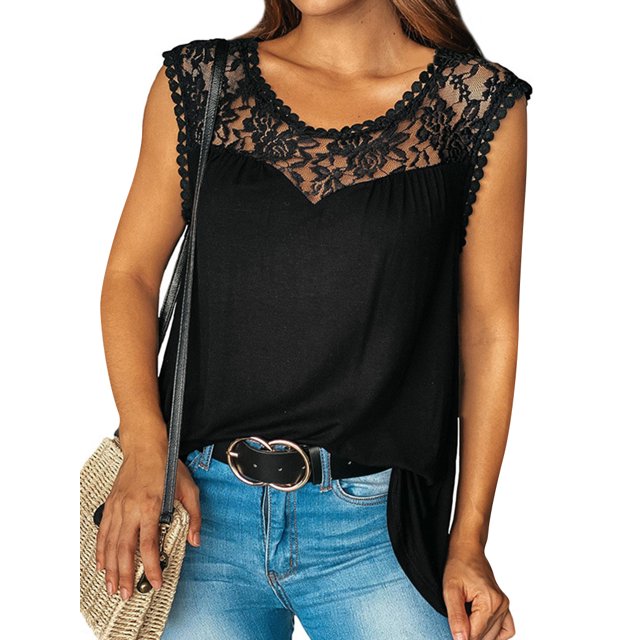 Women Embroidery Lace Cutout Stitching Round Neck Sleeveless Summer Tank Top