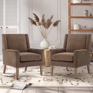 MALOL Ensemble de 2 Fauteuils d'Appoint Modernes, Fauteuil à Dossier Ailé Rembourré en Tissu avec Pattes en Bois, Fauteuil Mi-Siècle pour Salon Chambre, Brun