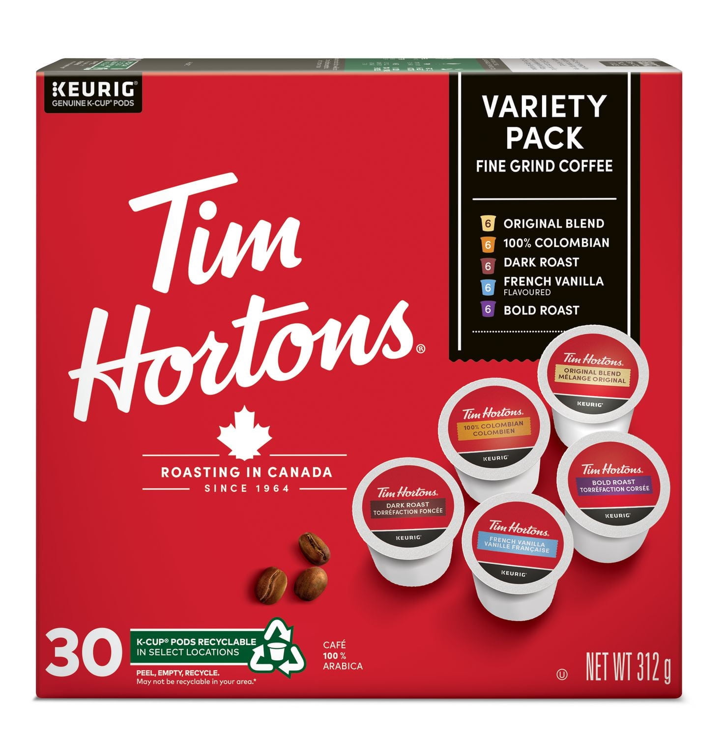Tim Hortons Single Serve Coffee Cups, 30 Cups Variety Pack