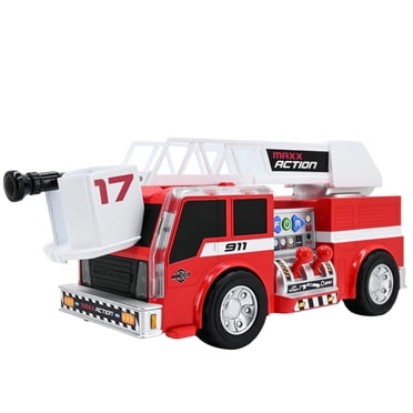 Maxx Action 2-N-1 Firetruck with Joystick Controls, Lights, Siren Sounds, Motorized Movement, and 360° Spinning Ladder