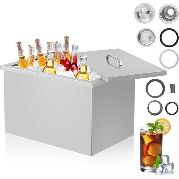 Coffre à Glace avec Retombée de 20x13x12 Pouces, Glacière Commerciale en Acier Inoxydable avec Couvercle à Charnière, Trousse de Vidange Complète pour Cuisine Extérieure et Bar à Glace, Idéal pour Rafraîchir Vin Bière Boisson