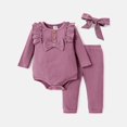 thumbnail image 1 of PatPat Baby Girls Outfits Sets, Infant Clothes 3pcs Baby Girl Solid Cotton Ribbed Ruffle Trim Bow Front Long-sleeve Romper and Pants with Headband Set, 1 of 6