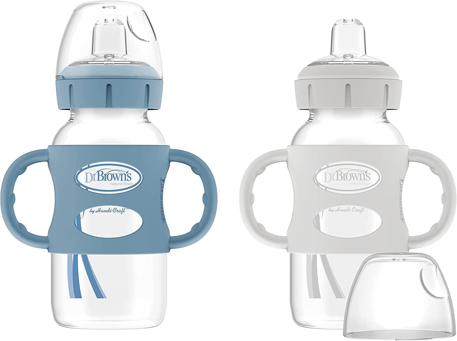 Dr. Brown's Milestones Wide-Neck Sippy Bottle with Silicone Handles Blue and Gray 2 x 8oz Bottles
