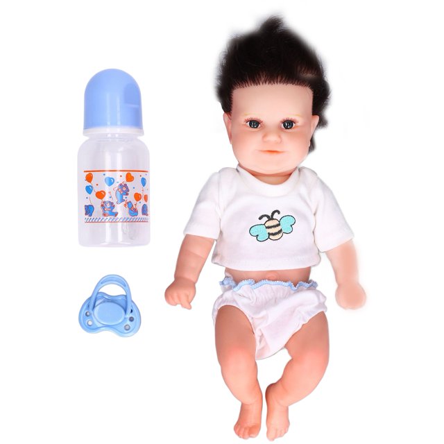 Poupée Bébé, Mignonne et Délicate Poupée Bébé en Silicone pour Fête de Noël Poupée Garçon. la Poupée de 12 Pouces Réaliste Présente un Matériau en Silicone Souple, des Membres Mobiles et un design Réaliste avec des Vêtements Délicats, Incluant une Toupie Blanche avec Imprimé d'Abeille et des Bas Assortis. les Accessoires Incluent une Sucette Bleue et un Biberon au design Coloré. Convient aux Enfants de 3 Ans et Plus, Cette Poupée Est Idéale pour le Jeu Imaginatif et comme Cadeau pour des occasions comme Noël Ou les Anniversaires.