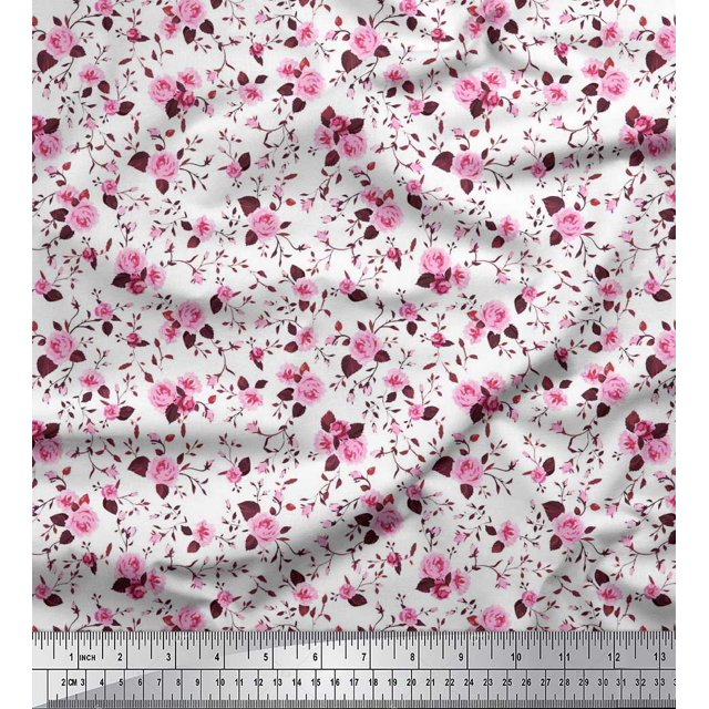 Soimoi Tissu en Viscose Chiffon Imprimé Feuilles & Roses Tissu de Couture Yard 42 Pouces de Large