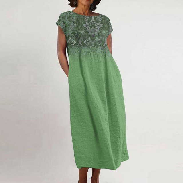 Meichang Robes en Lin pour Femmes 2024 Rétro à Imprimé Floral Coupe Ample Robes Midi Manches Courtes Col Rond Robes d'Été Décontractées Évasées Légères Confortables Longues Robes de Travail Vert TTG
