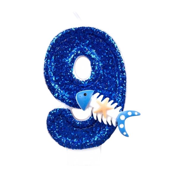 Goleeg Ocean-Themed Number Candles, Number 9 Blue Sparkle Birthday Candles with Fishbone and Starfish Designs, Nautical-Style Ocean-Themed Cake Decorations for Summer Beach and Pool Parties