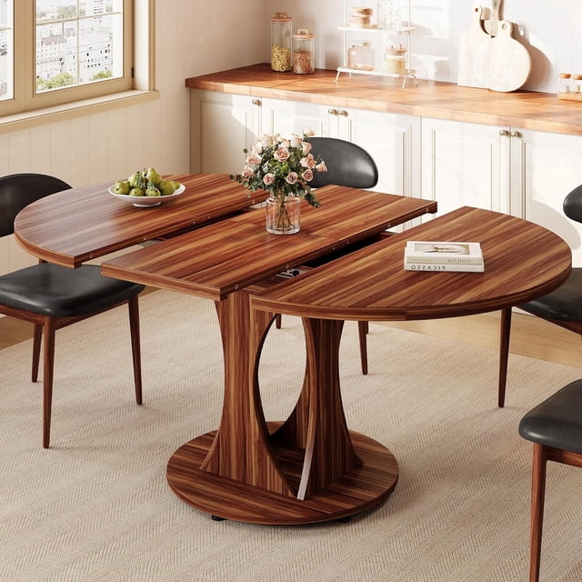 Virans 43.3"-59" Extendable Round Dining Table for 6-8,Kitchen Dining Table with Double Curved Base & Back Panel Buckle Top,Modern Circle Dinner Table for Kitchens,Dining Rooms,Living Rooms,Walnut