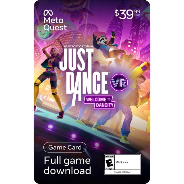 Just Dance VR: Welcome to Dancity Meta Quest digital game card featuring animated dancers on a neon-lit city stage with skyscrapers, priced at $39.99, for full game download and immersive virtual reality dance experience.