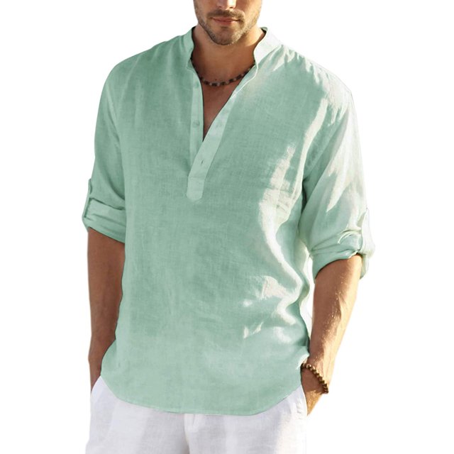Wangsaura Men's Casual Shirt Solid Color Long Sleeve Stand Collar Button Tops