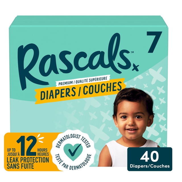 Rascals Premium Absorbent Baby Diapers Size 7 small carton containing 40 diapers, featuring up to 12 hours of leak protection and dermatologist-tested hypoallergenic materials, displayed in a teal box with bilingual English and French text.