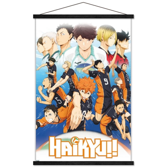 Haikyu!! - Affiche Murale Key Art 2, 22,375 Po x 34 Po Encadrée Mettant en Vedette des Joueurs d'Anime de volleyball en Uniformes Noirs et orange dans des poses d'Action Dynamiques sur Fond Bleu avec le logo Haikyu!! au Bas, Parfaite pour l'Art Mural et la Déco des Fans.