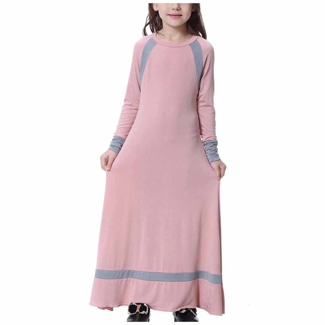 Birdeem Robe Longue Musulmane pour Filles Moyennes et Grandes, Manches Longues, Col en V, Robe à Blocs de Couleur