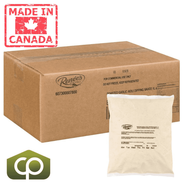 Renee's Gourmet Roasted Garlic Aioli Sauce, packaged in a 1L pouch, with 4 units per case. The image shows a corrugated box labeled with Renee's branding and product details, alongside a clear pouch containing the aioli sauce. Made in Canada, this bulk pantry item is ideal for sandwiches, wraps, or fries. Requires refrigerated storage between 1 to 8°C.