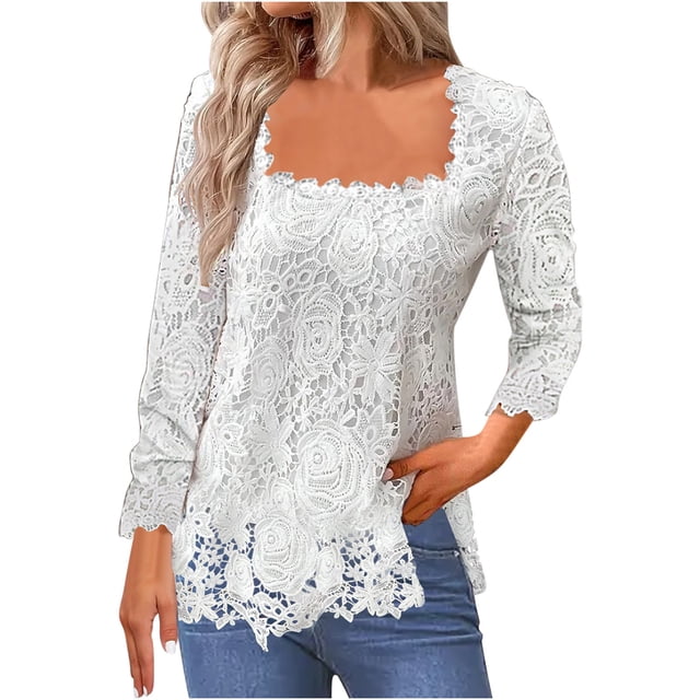 Timegard Womens Tops Lace Square Neck Long Sleeve Solid Color Blouse Fall Dressy Casual Tunic Tops