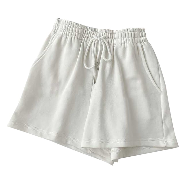 Timegard Shorts for Women Elastic Waisted Drawstring Athletic Sweatshorts Running Shorts with Pockets shown in a front-facing view. These white athletic shorts feature an elastic waistband, drawstring closure, and two side pockets. Made from 95% polyester and 5% spandex, they are lightweight, breathable, and suitable for casual wear, running, or other athletic activities.