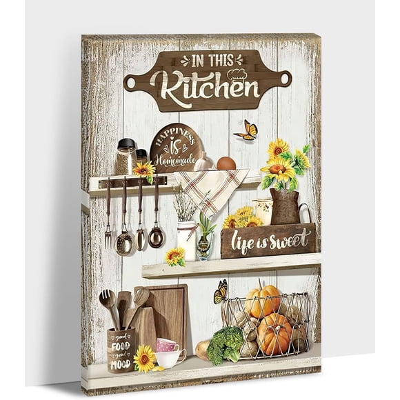 Kitchen Canvas Wall Art - Rustic Kitchen Pictures for Wall Decor, Farmhouse Kitchen Scene Pictures For Kitchen, Kitchen Art Picture Framed Canvas Print For Dining Room 12x18