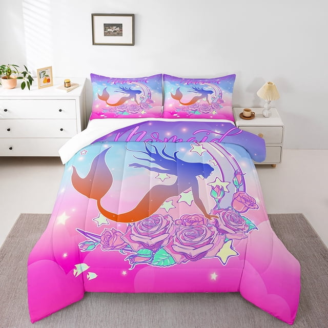 Erosebridal Ensemble de Couette Simple Sirène Princesse pour Filles, Couette en Duvet à Roses Florales, Déco Étoiles, 2 Pcs