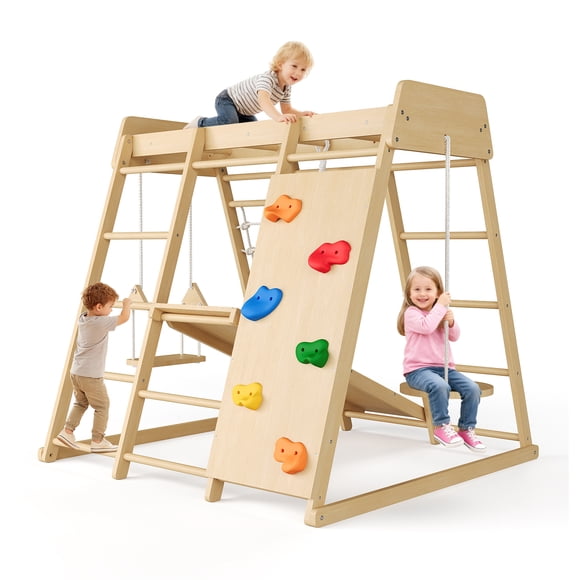 6 in 1 Kids Wooden Indoor Jungle Gym with Slide Swing Monkey Bars and Climbing Net, Natural Wood Climbing Playset for Toddlers Ages 1-8, 500 lbs Capacity, 105 125cm