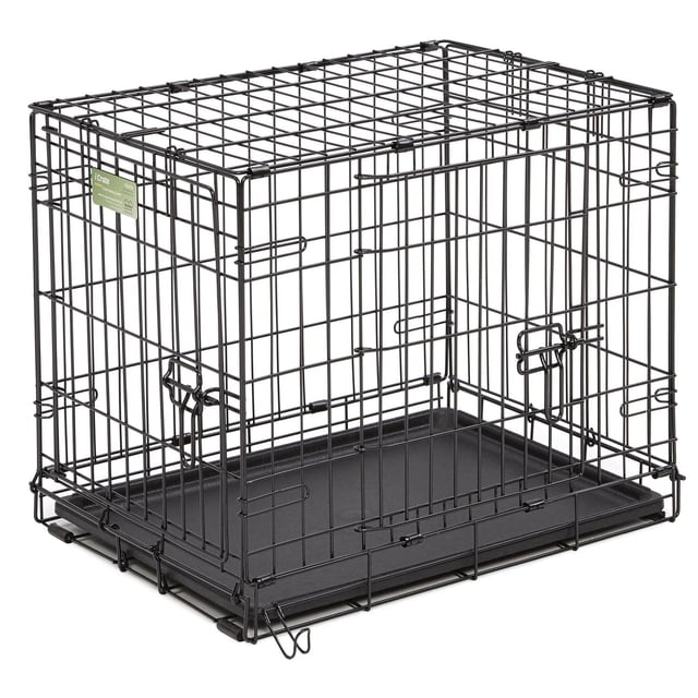 MidWest iCrate Double-Door Folding Dog Crate with Divider Panel, black wire frame with front and side doors featuring slide-bolt latches and locking tips, removable leak-proof plastic pan, divider panel for adjustable space, folds flat for easy storage, ideal for safe dog containment and crate training.
