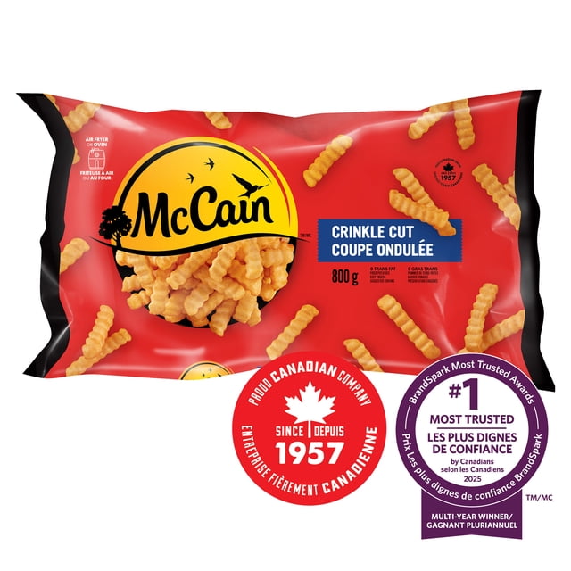 McCain® Crinkle Cut French Fries 800g family-sized bag with red packaging featuring crinkle-cut fries and McCain logo, ideal for air fryer or oven preparation, made in Canada from domestic and imported ingredients, proudly Canadian since 1957, with BrandSpark Most Trusted Award badge.