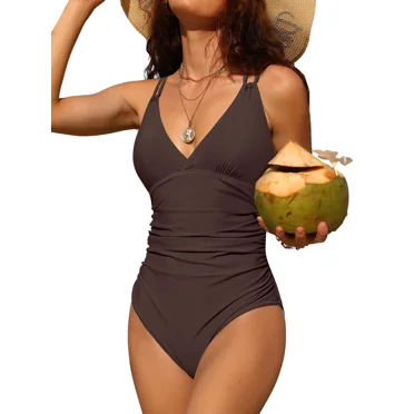 Charmo Women V Neck One Piece Swimsuits Tummy Control Runched Monokini Bathing Suits