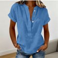 thumbnail image 2 of Wensltd Women Cotton Linen Shirts Solid Color Short Sleeve V Neck Basic Tops Casual Lightweight for Daily Wear Blue, 2 of 6