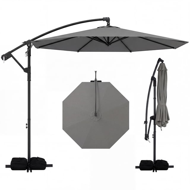 Costway Parasol Suspendu Déporté de 10 Pi avec Base pour Patio, Rotation à 360°, Gris