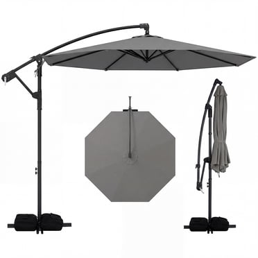 Costway 10 FT Offset Hanging Umbrella with Base Patio Cantilever Umbrella 360° Rotation Gray