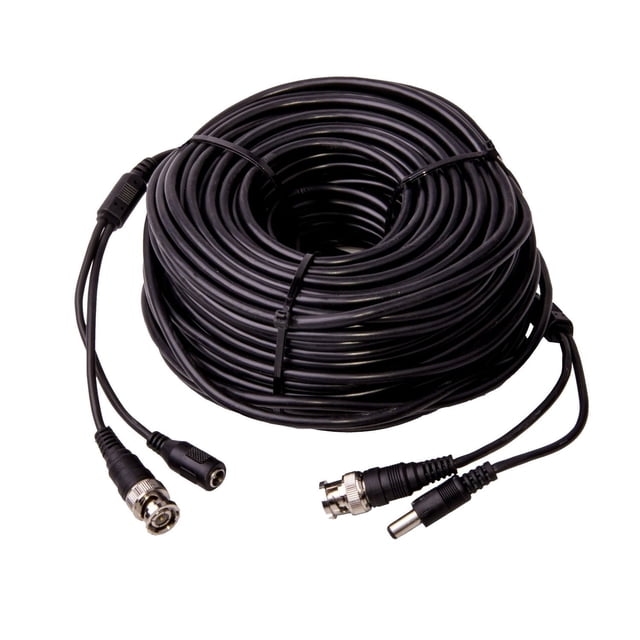 SeqCam 60 Feet RG59 CCTV Cable coiled with black insulation, featuring BNC and power connectors on both ends, copper clad aluminum conductor, foam polyethylene dielectric, bonded aluminum foil, and 60% aluminum braid shielding, suitable for surveillance and home audio systems.