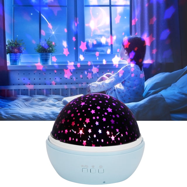 LAFGUR Projection Night Light, a desktop LED night light designed for bedrooms and living rooms. The image shows the compact, dome-shaped light with a white base and starry projection cover, emitting colorful star patterns onto the walls and ceiling. Ideal for creating a romantic or relaxing ambiance, it features 8 color options and dual power supply methods (AAA batteries or USB cable). Suitable for children’s bedtime, weddings, birthdays, and parties.