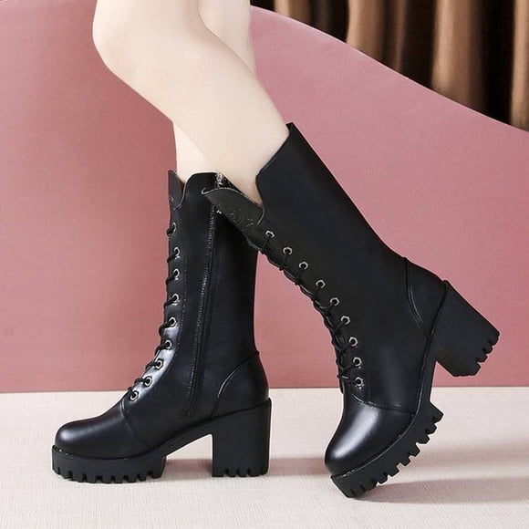 Bmisegm Shoes Leather Western Non-slip Boots Slip-On Round Low-heeled Cowboy Womens Toe women's boots Black 5.5