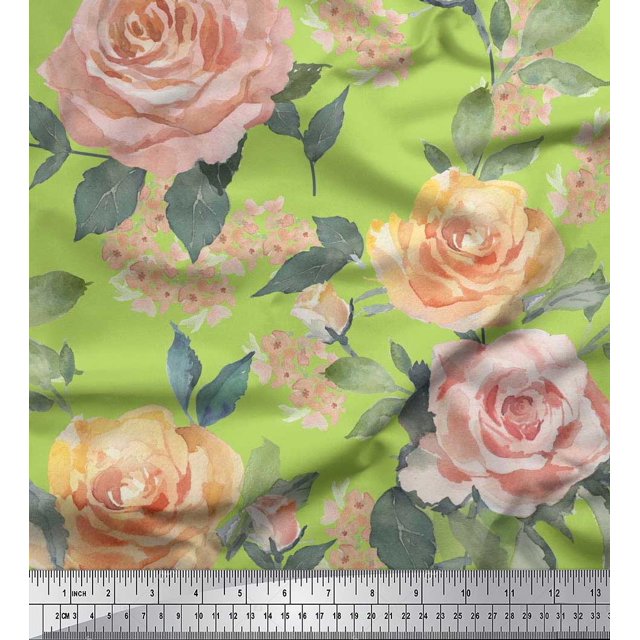 Soimoi Poly Georgette Fabric Leaves & Rose Flower Printed Fabric 1 Yard 42 Inch Wide