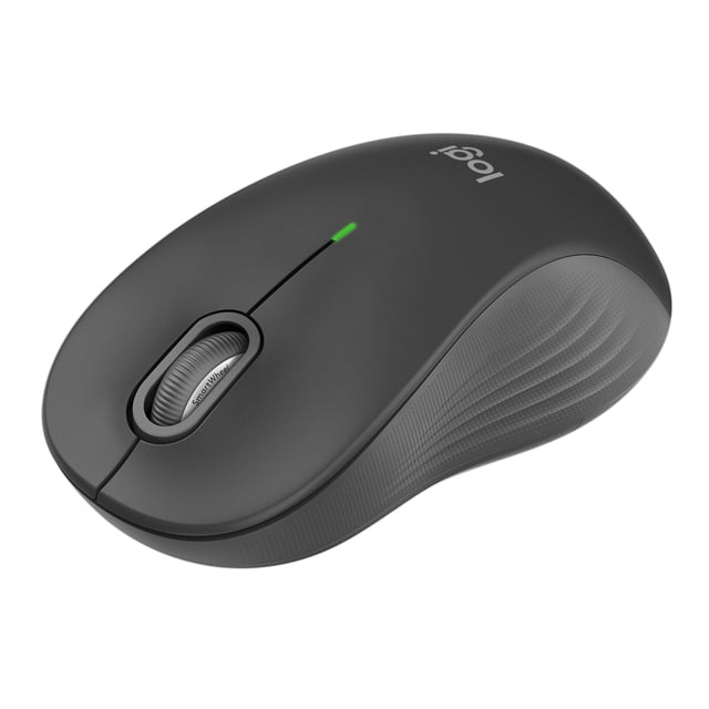 Logitech Signature M550 L wireless mouse in graphite, featuring an ergonomic contoured design, SmartWheel scrolling, silent clicks, and an optical sensor. Includes Bluetooth and Logi Bolt USB receiver for seamless connectivity.