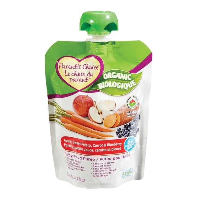 Parent's Choice Organic Baby Food Puree pouch with apple, sweet potato, carrot, and blueberry, 128 ml, featuring a green twist cap and bilingual English-French text, designed as an organic baby food pouch suitable for infants 6 months and older.