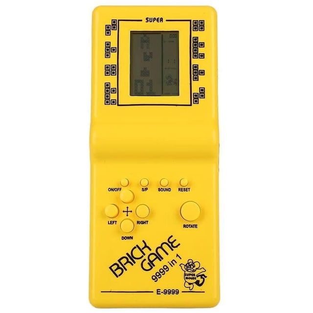 Hanbaili Retro Classic Tetris Hand Held LCD Electronic Game Toy in yellow. This lightweight handheld device, made of plastic and metal, features a compact design measuring 18cm in length and weighing 0.1kg. It includes a monochrome LCD screen, directional buttons, and controls for on/off, sound, and reset. Powered by 2 AA batteries (not included), it offers a nostalgic gaming experience with the classic brick game. Suitable for children and retro gaming enthusiasts.