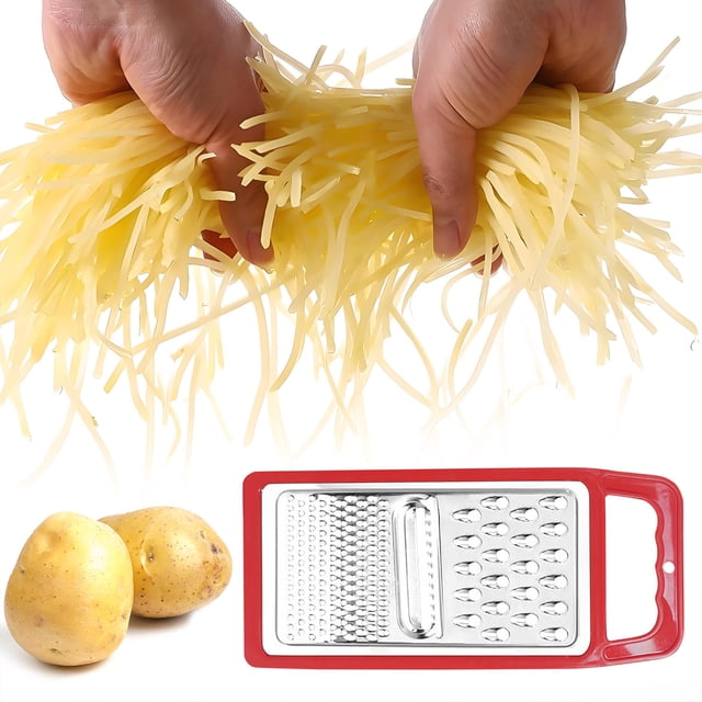 EGNMCR Râpes à Fromage Râpe à Pommes de Terre Multifonction, un Outil de Cuisine en Acier Inoxydable avec une Poignée en Plastique Rouge. Conçu pour Râper des Légumes comme les Pommes de Terre, les Radis et les Concombres, Il Présente des Conceptions à Multiples Trous pour un Râpage Efficace. Présenté avec Deux Pommes de Terre Entières et des Lanières de Pommes de Terre Râpées, Mettant en Valeur Sa Polyvalence et Sa Facilité d'Utilisation.