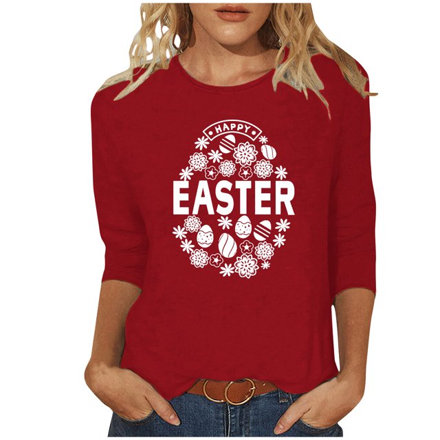 RKSTN Hauts Grande Taille pour Femmes Oeufs de Pâques Lapin Mignon Imprimé Coupe Ample Hauts Col Rond Manches 3/4 Printemps Été Blouse Douce Hauts