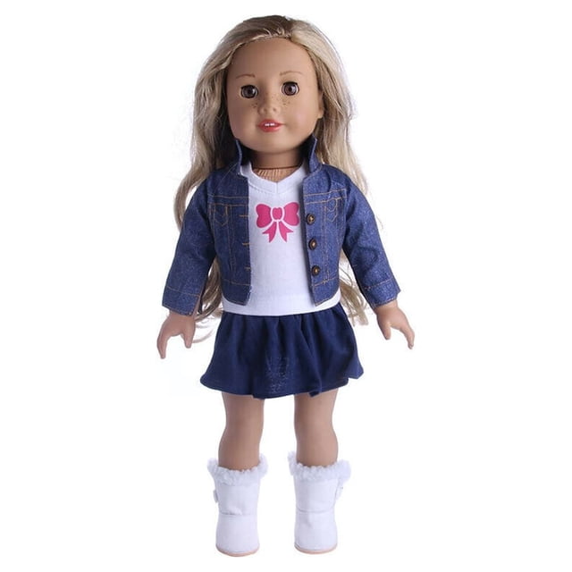 LOVEVER Ensemble de Tenue de Poupée Robe Vêtements Accessoires Lot pour Poupées de 18 Pouces Telles Que Our Generation et My Life dolls. Cet Ensemble Comprend une Veste en denim, une Chemise Blanche avec un Nœud Rose, une Jupe Bleu Marine et des Bottes en Peluche Blanches. Fabriqué en Doux Mélange de Coton, Il Est Sûr, Non Toxique et Facile à Enfiler et à Enlever. Comprend Plusieurs styles Convenant à Diverses Scènes de Poupée et Tenues.