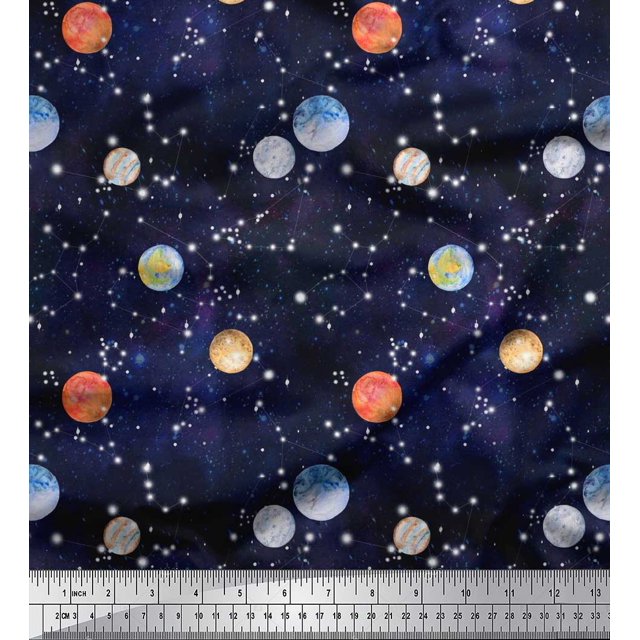 Soimoi Silk Fabric Planet Galaxy Decor Fabric Printed Yard 42 Inch Wide